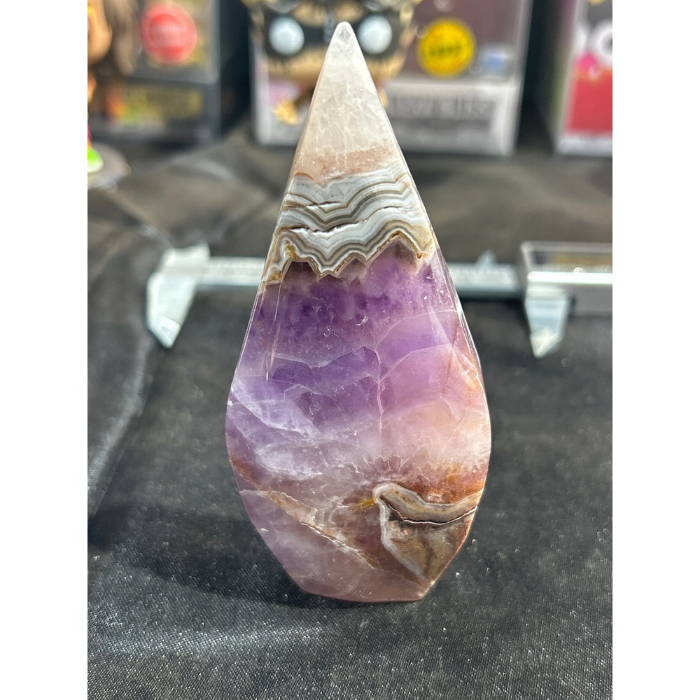 Chevron Amethyst Flame Point Crystal Tower Polished Banded Quartz 4.25 Inch